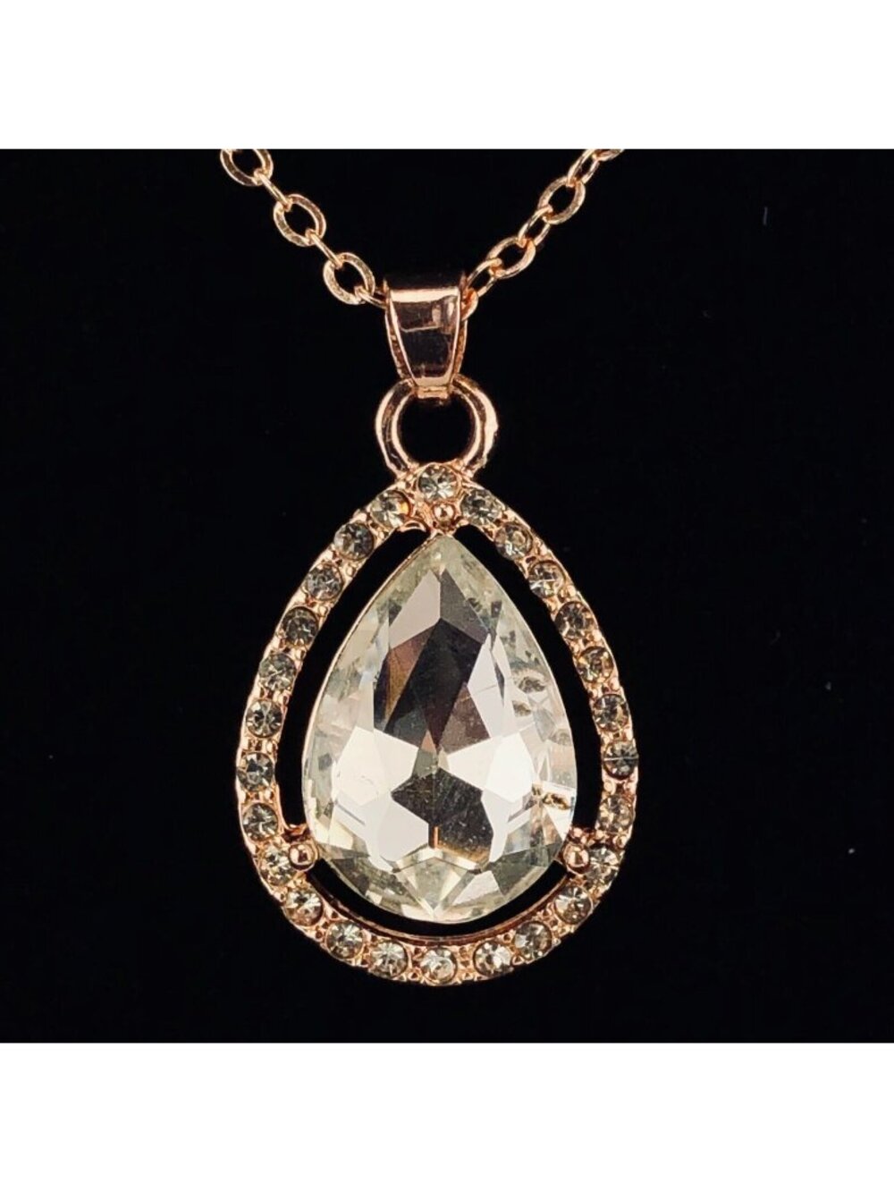 Necklace 22" Copper Tone with Clear Rhinestone Teardrop Pendant